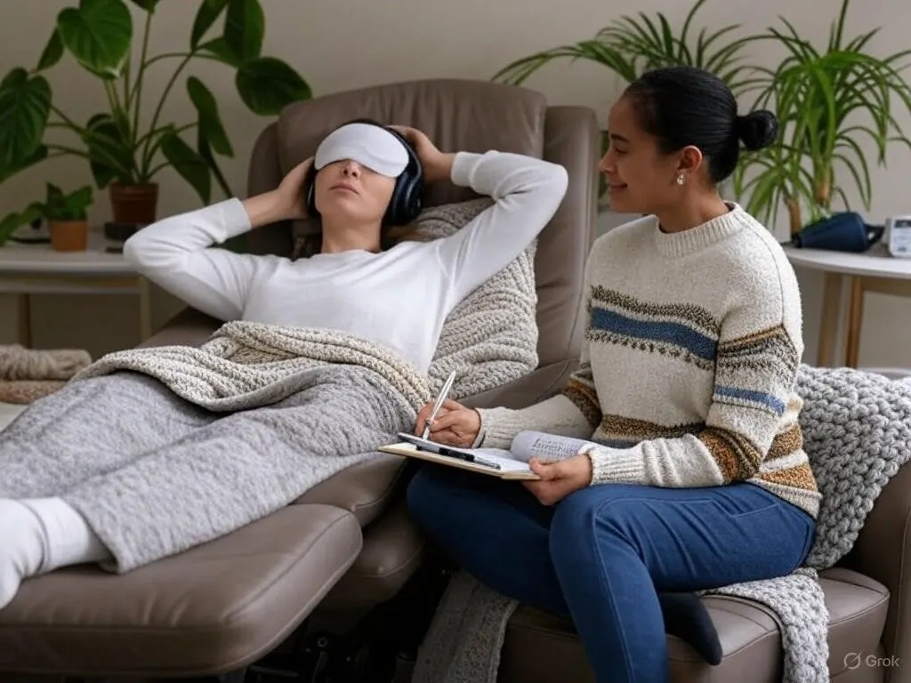 A woman reclines in a therapy chair with an eye mask and headphones, covered in a blanket, while a therapist beside her takes notes and smiles.