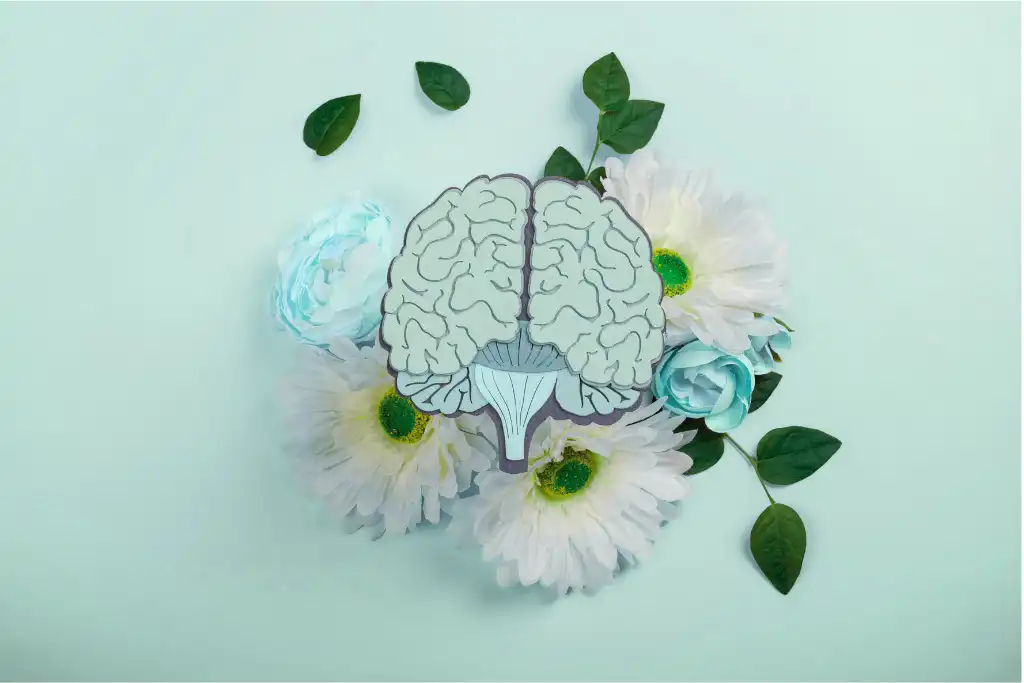 Mental Health and Well-being Concept with Brain and Flowers